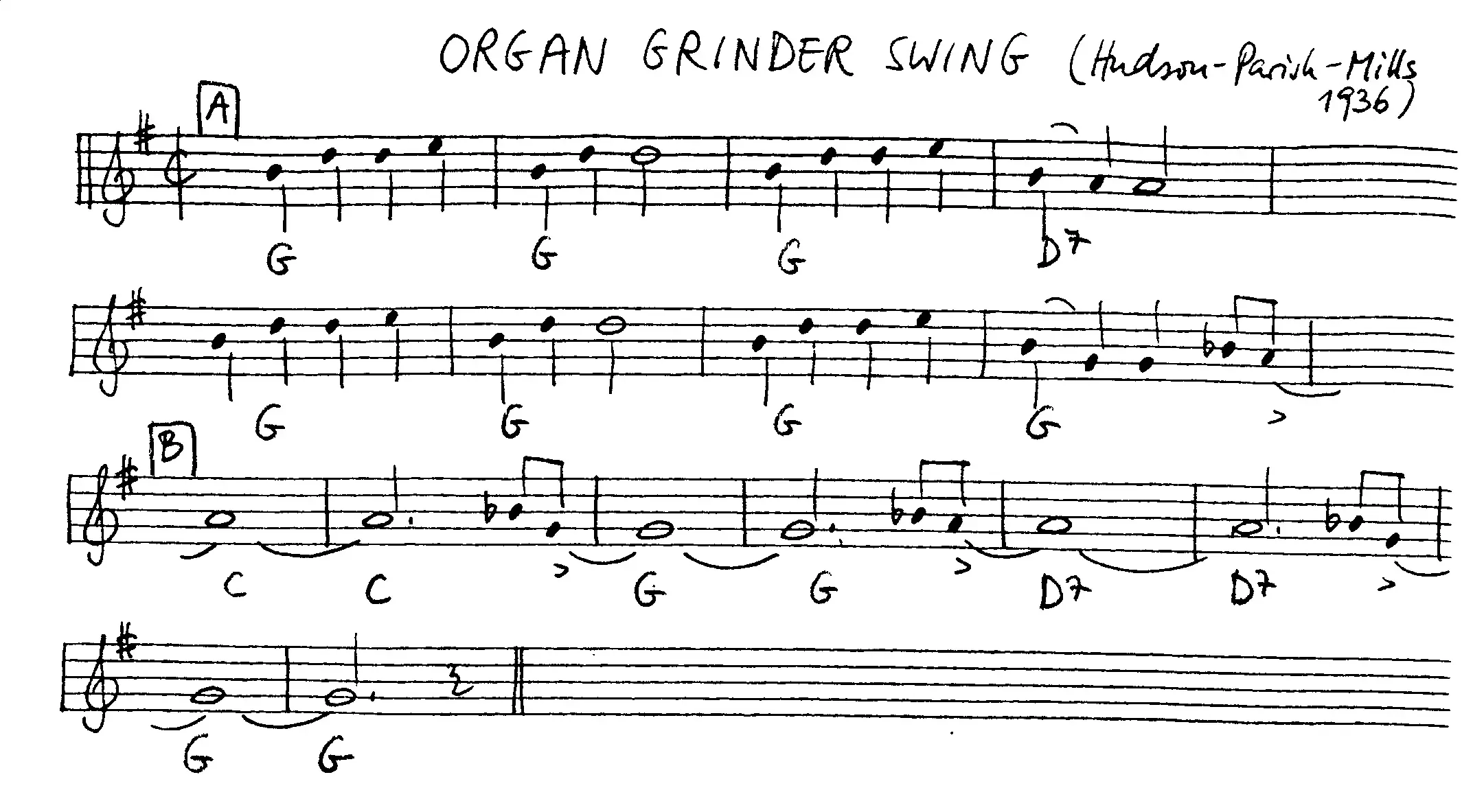 organ grinder swing free jazz leadsheet - Courtesy of the Jungle Jazz Band
